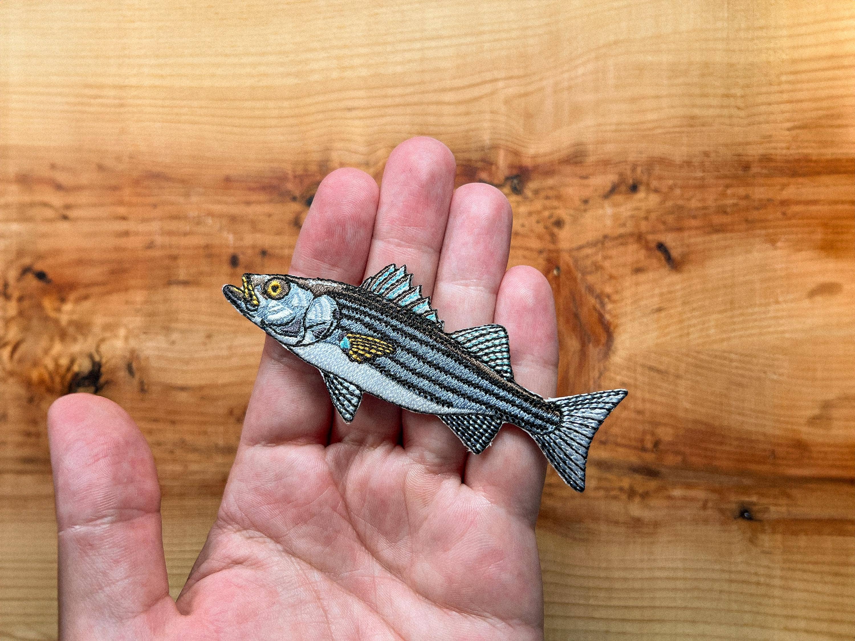 Striped Bass Embroidered Patch | 4 Inch Iron On Fishing Patch for Hats, Jackets & Gear