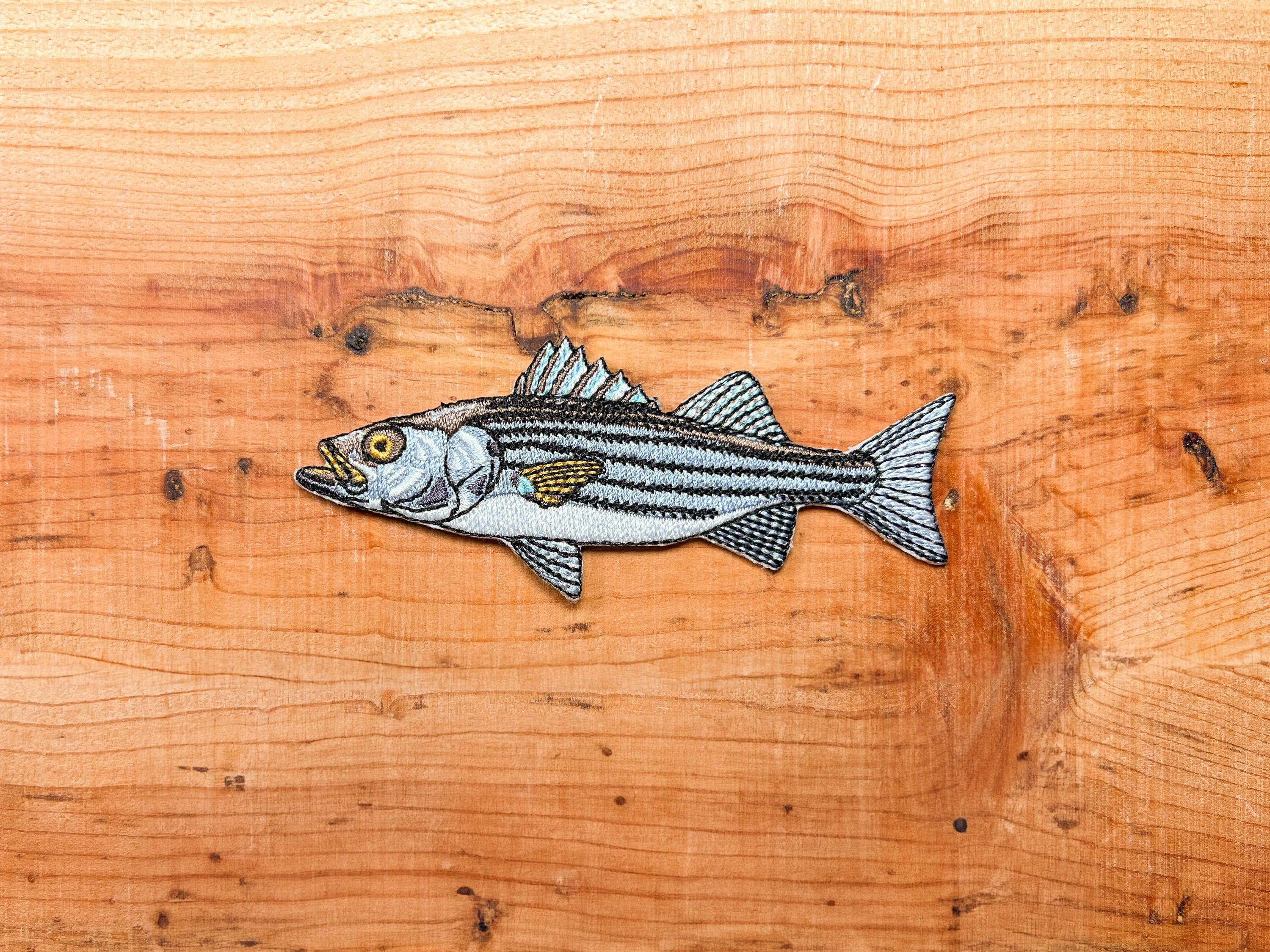 Striped Bass Embroidered Patch | 4 Inch Iron On Fishing Patch for Hats, Jackets & Gear